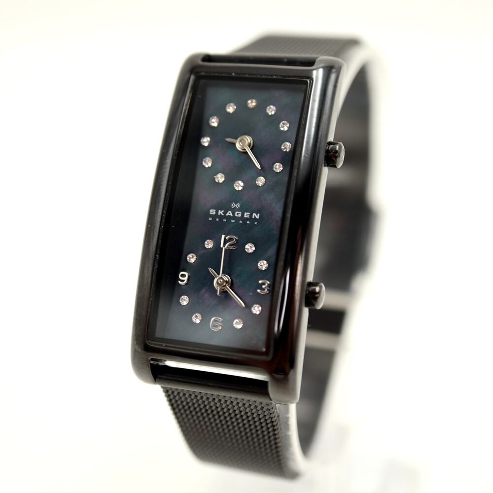 Skagen Dual Time 20mm Black MOP Dial Womens Watch Steel Mesh w New Battery